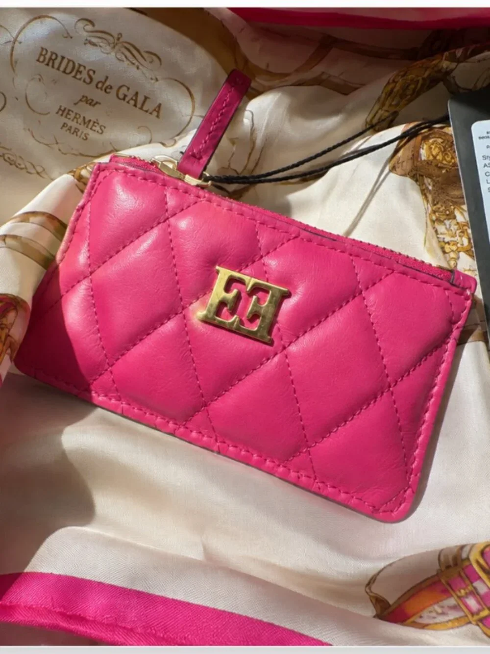 Escada Pink Quilted Leather Key Holder Coin Purse Card Case w/ Dust Bag Rare